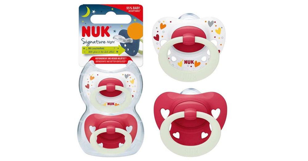 Nuk Signature Night Πιπίλα Σιλικόνης Νυκτός που Λάμπει στο Σκοτάδι 0-6m Λευκό-Κόκκινο 2 τεμάχια