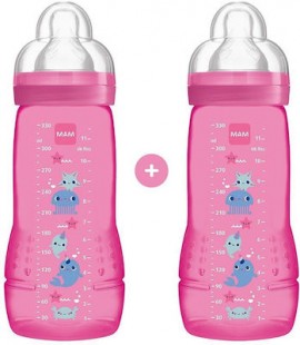 Mam Easy Active Baby Bottle Pastic, Silicone Teat 4m+ Pink 2x330ml
