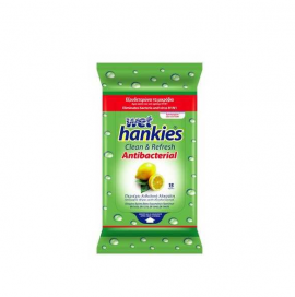 Wet Hankies Antibacterial Μαντηλάκια αντιβακτηριδιακά με αιθυλική αλκοόλη και άρωμα λεμόνι 15τμχ