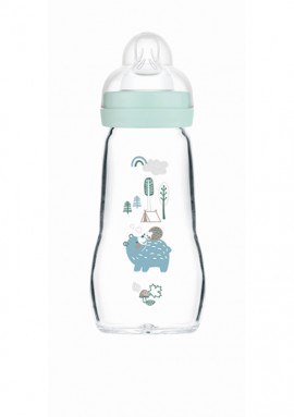 Mam  Feel Good Glass Baby Bottle, Silicone Teat 2m+ 260ml Blue