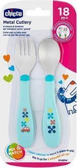 Chicco Metal Cutlery Mix& Match Γαλάζιο Πιρούνι/Κουτάλι 18m+ 2τμχ